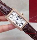 Clone Cartier Diamond Bezel Watch - Tank Rose Gold Diamond Bezel White Face Brown Leather Band 23mm